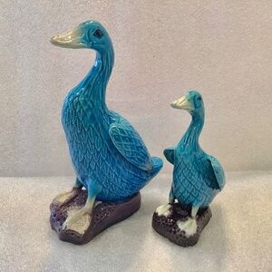 Antique Chinese Turquoise Blue Glazed Porcelain Duck Goose Figurine Set Of 2